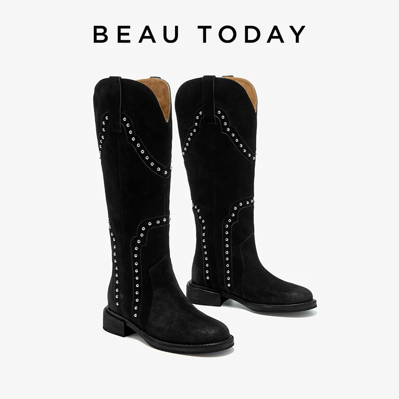 

BEAUTODAY Long Boots Women Genuine Cow Suede Leather Sewing Round Toe Solid Color Slip-on Ladies Shoes Handmade 01225