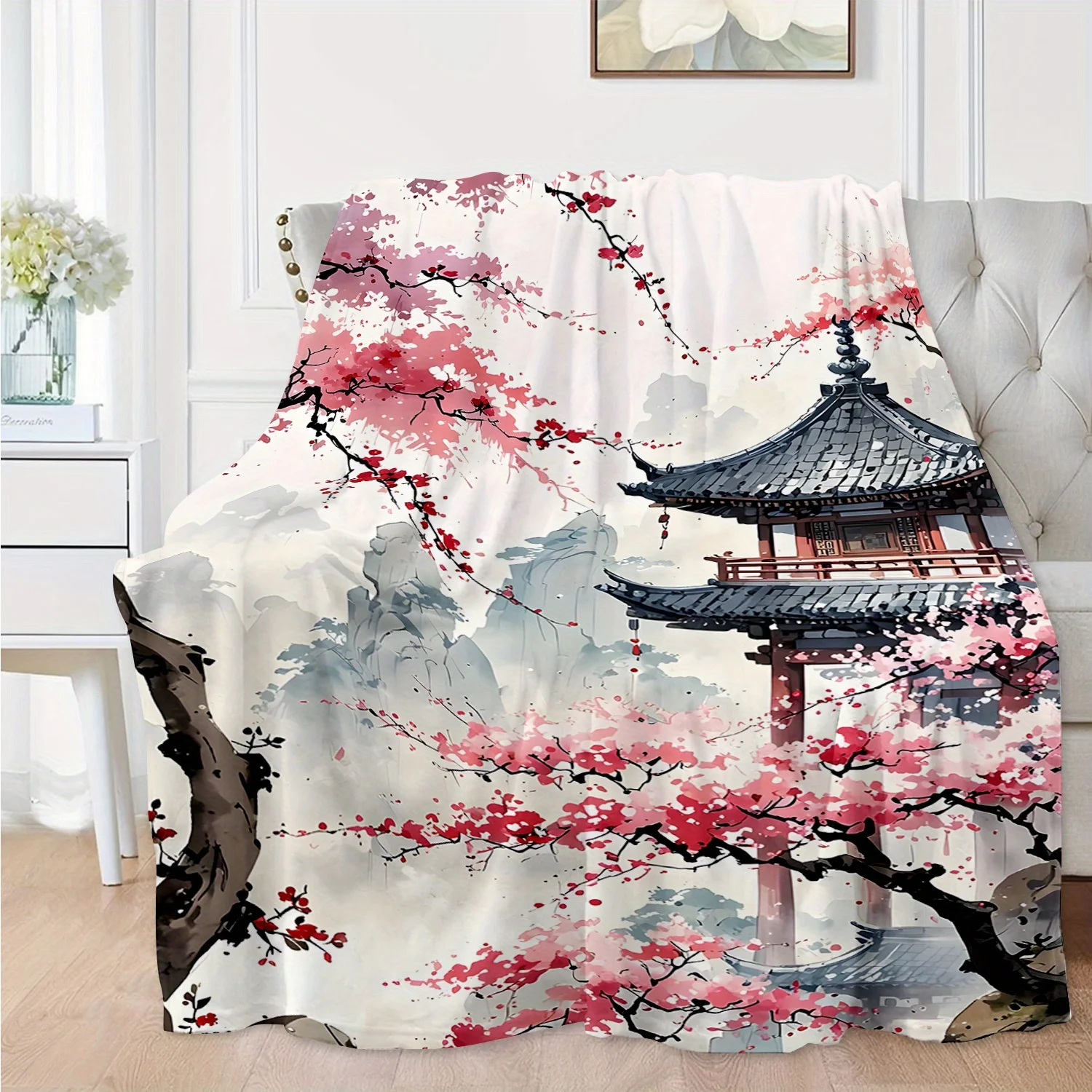 Ultra-Soft Flannel Throw Blanket with Chinese Landscape Design,Versatile for Couch, Bed, Travel & Office Use, Lightweight & Warm