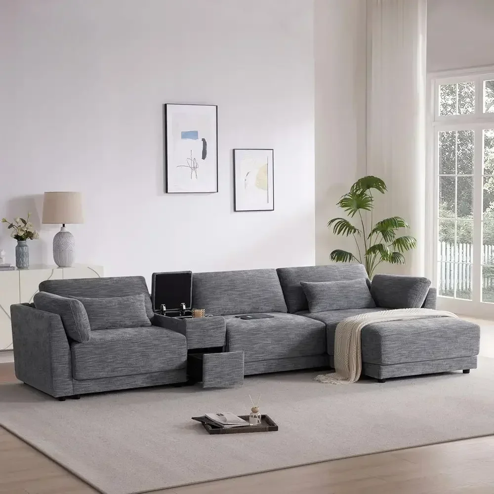 4-Seat L-Shaped Chenille Couch with Storage Ottoman and Reversible Sofa, 33 Wide Seat, USB-Enabled, Gray