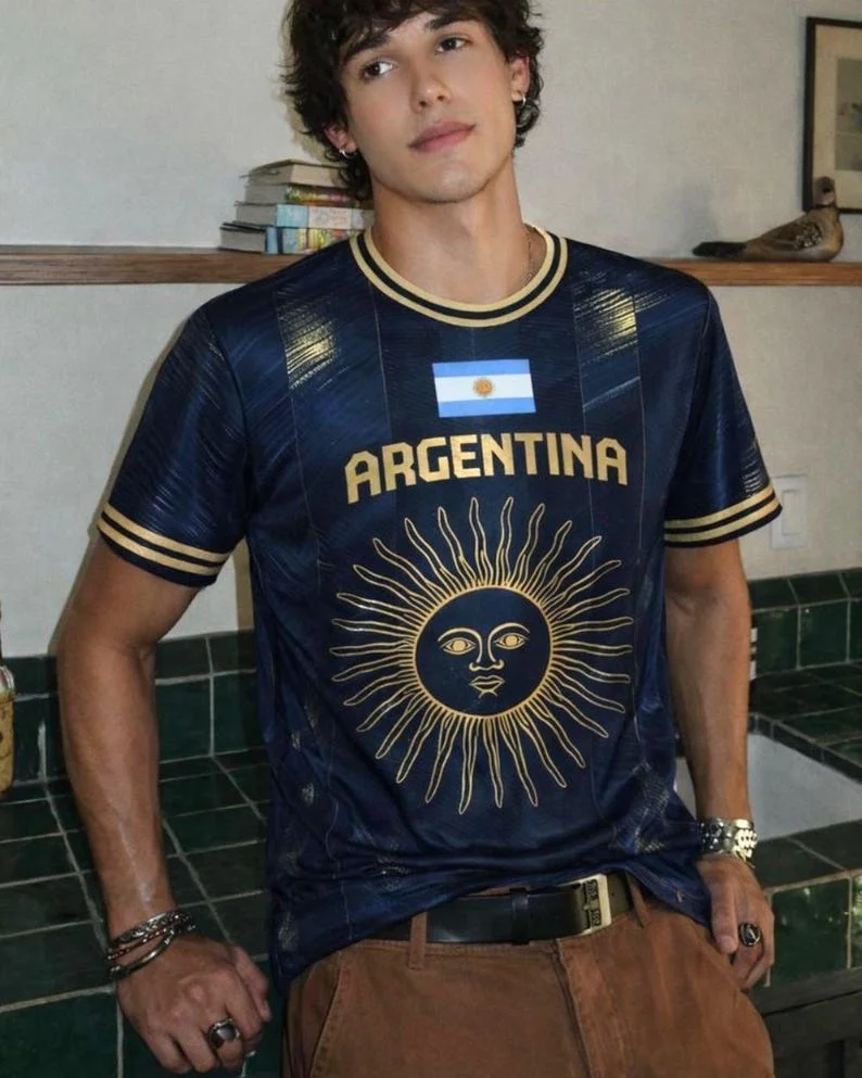 Retro Adult Argentina Soccer Jersey Round Neck 2026 Crest Fan Football Shirt Sun God Graphic Flag Detail Match Sport Top