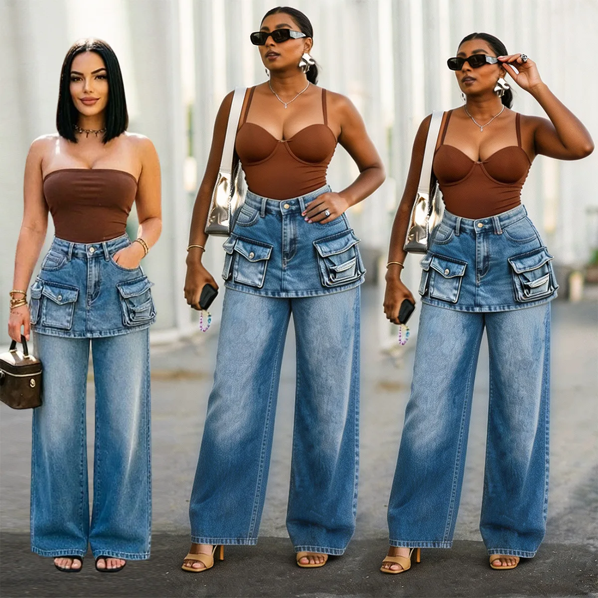 Damen Denim-Hose Jeans Vintage Weites Bein Bodenlange Hose Hohe Taille Gerade Hose Y2k Streetwear Elegante Arbeits- und Freizeithose Locker Geschnitten