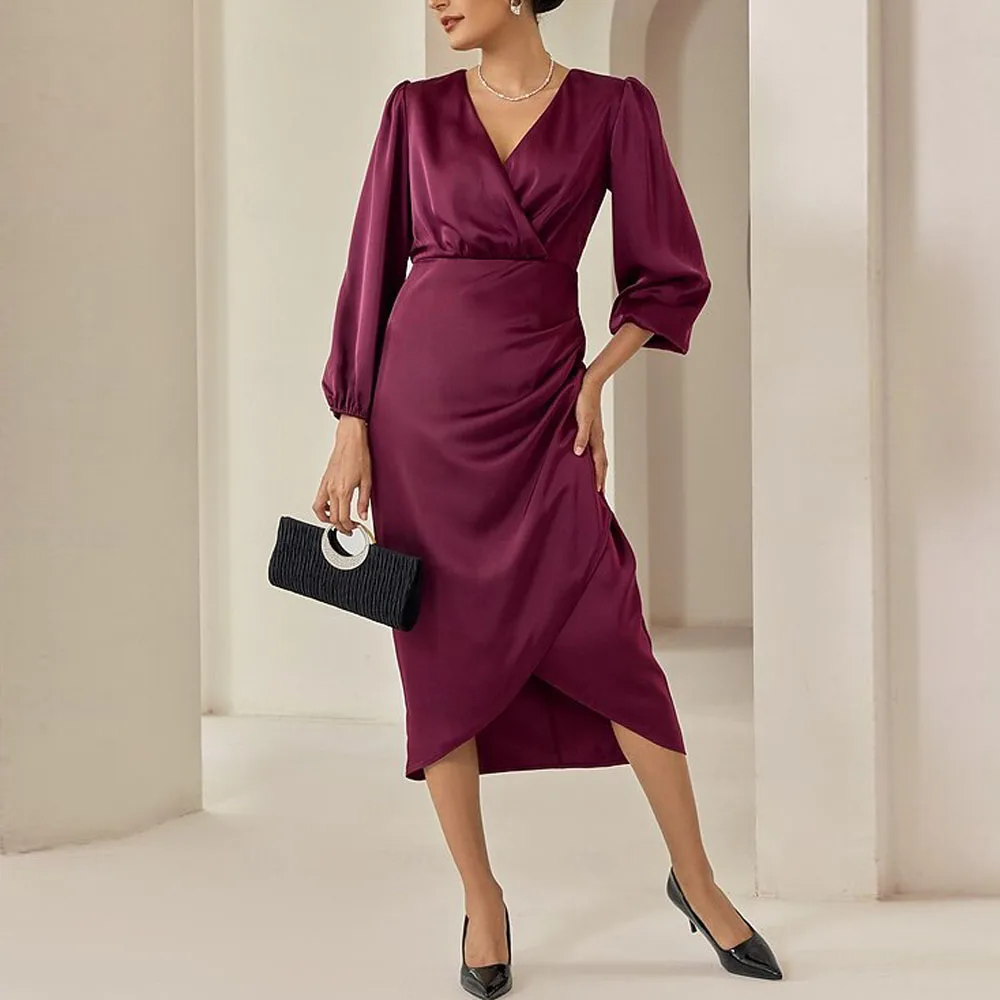 Fashion Mother of The Bride Dress Short Customized 3/4 Sleeves V Neck Pleated Column Ankle Length Wedding Guest Evening Gowns