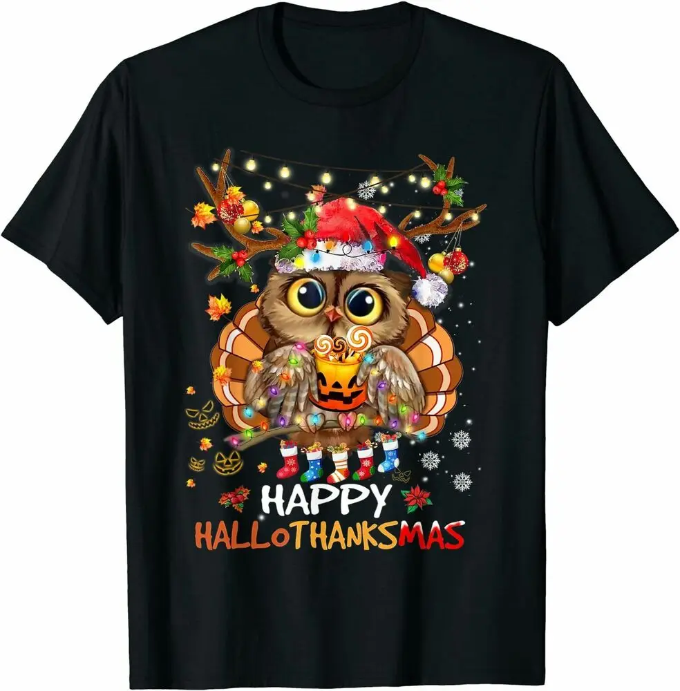 Owl Thankgiving Halloween Christmas Happy Hallothanksmas Adult T-Shirt Y2K tops Unisex Summer Short Sleeve