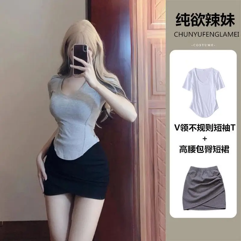 2024 Women\'s 2-piece Solid Color Irregular V-neck Short T-shirt Slim Fit Spicy Girl Wrap Hip Skirt Summer Sexy Women\'s Clothing