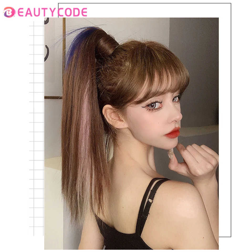 BEAUTYCODE 합성 긴 스트레이트 랩 어라운드 클립, 포니테일 헤어 익스텐션, 열 레이스탄, 포니테일, 가짜 헤어