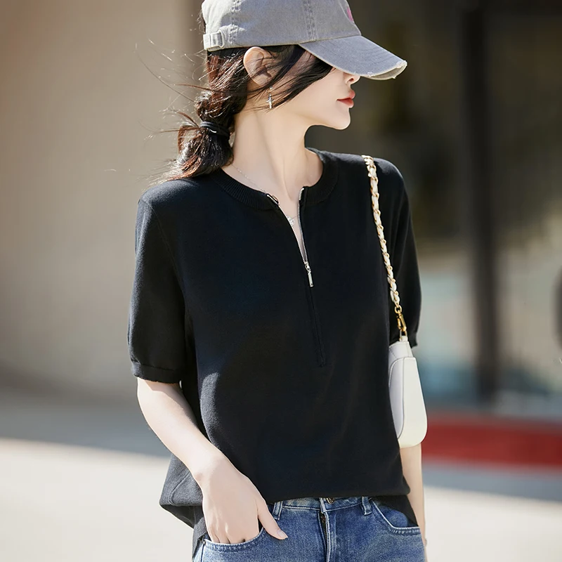100% Cotton French Style Women's T-Shirt Summer Hit Half Zip Design Solid Color Knitted Shirt Full Cotton Shoulder-Length