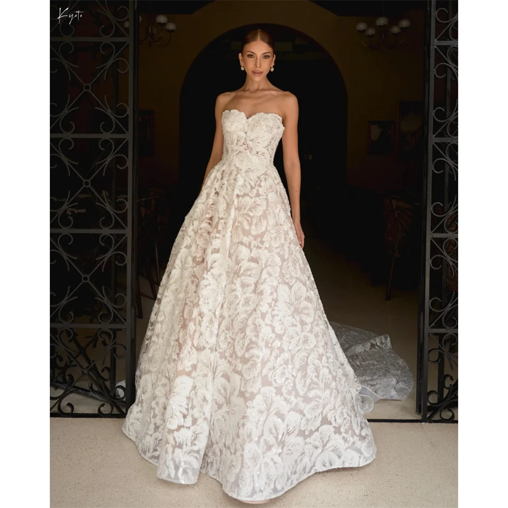 Kyoto personalizado marfil flor encaje sin tirantes vestido de novia brillo escote corazón vestidos de novia A-Line tren largo Formal