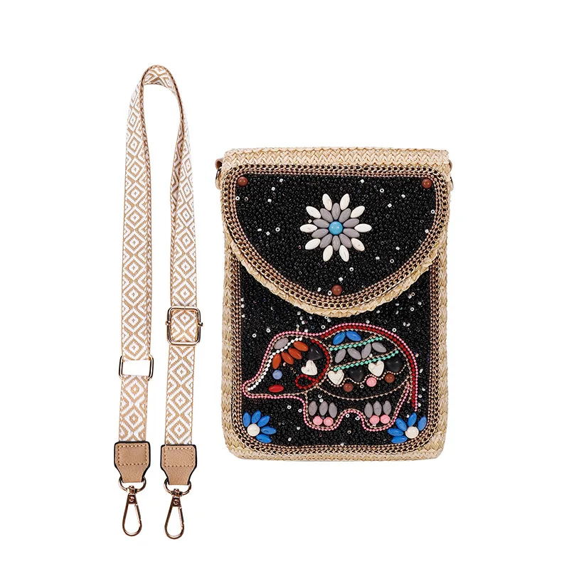 

New mini pearl shell patchwork pattern mobile phone bag PP grass woven flip cover embroidered woven strap crossbody bag