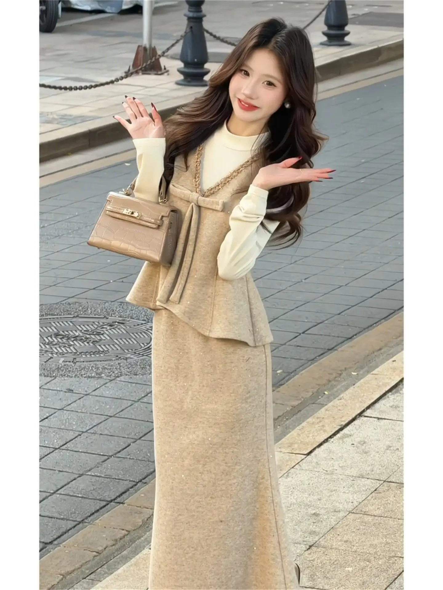 

Comfortable Gentle Women's Faion Set Spring New High Waist Skirt Long Sve Vest Two Piece Set Casual Sle round Ne