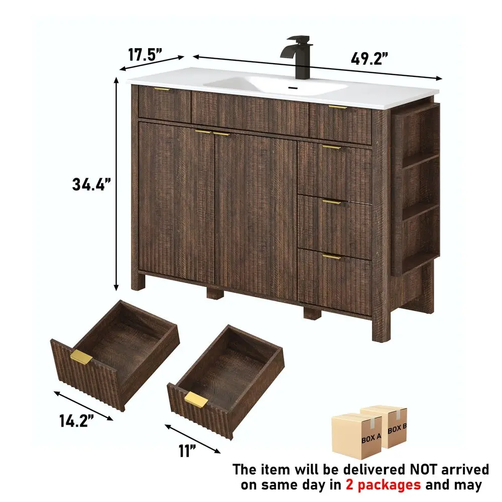 Fluted Bathroom Vanity with Sink amp Faucet Combo, Modern Vanity Cabinet with Door, 5 Drawers and Side Shelves for Guest Apartm