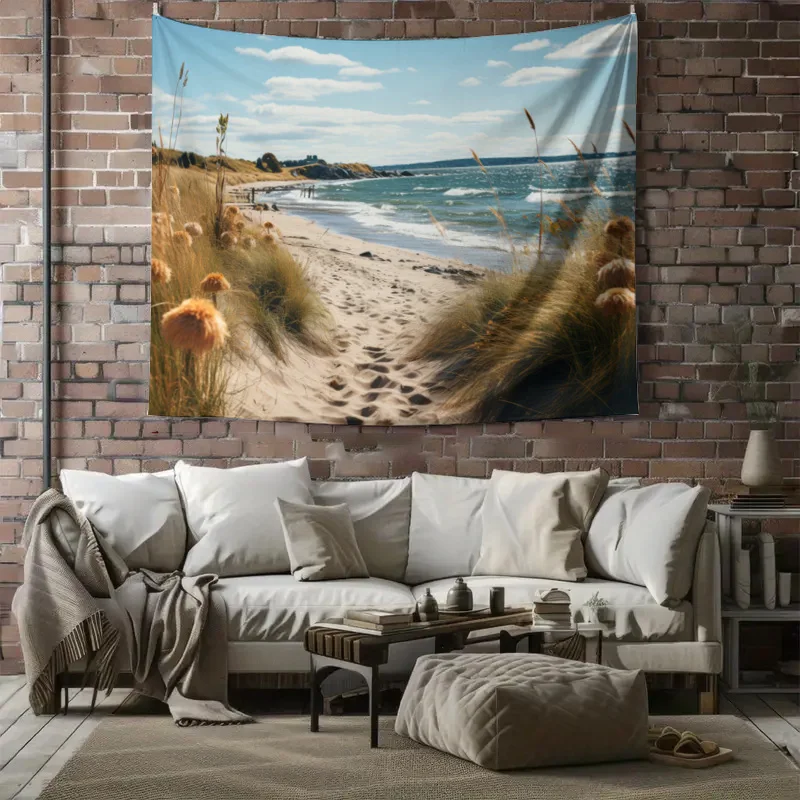 Realistic Beach Coastal Landscape Tapestry Wall Hanging Ocean View Dune Grass Mural Boho Chic Nature Art Home Decor Seaside Artw
