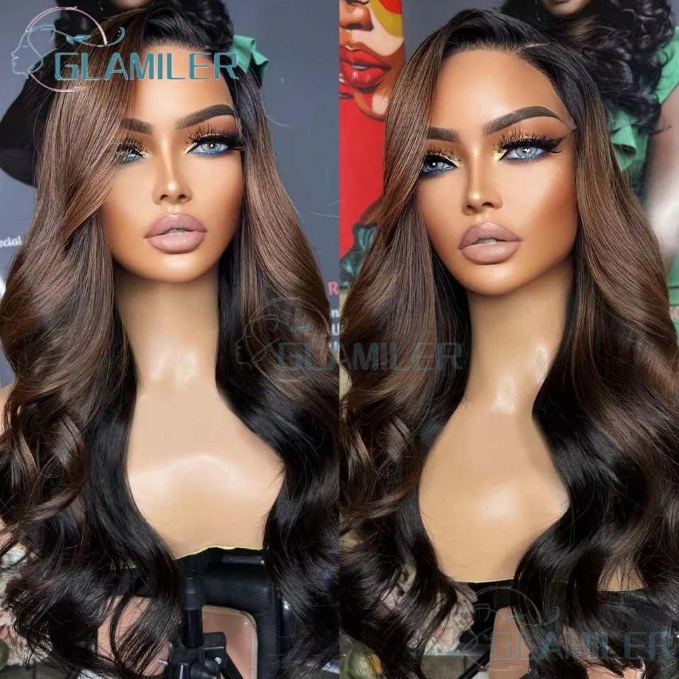 

Dark Brown Highlight Human Hair Lace Front Wig for Women Remy Brazilian Hair Highlighted Natural Wave 5x5 Silk Top Closure Wig