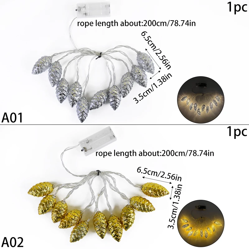 Christmas Led Pine Cone String Lights Gold Silver Xmas Tree Light Ornament Living Room Wedding Decoration Navidad New Year Decor