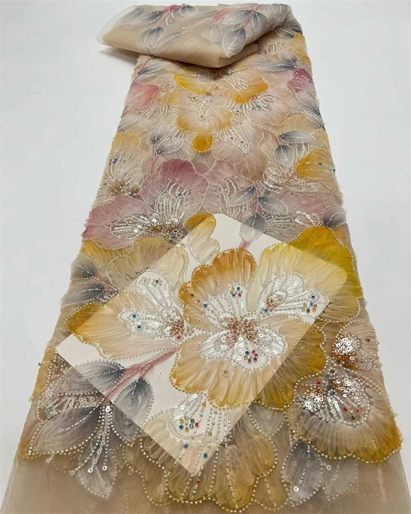 

Элитная кружевная ткань с бисером для свадебных платьев, высококачественная, 5 ярдов, французская сетка с пайетками, африканские пайетки