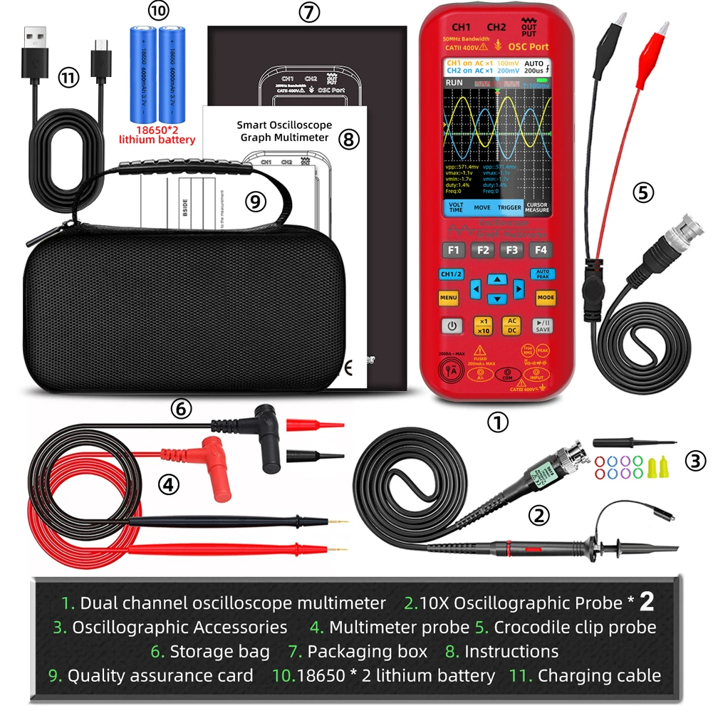 3in1 Oscilloscope Multimeter Signal Source 3.98inch TFT Display Oscope Meter Handheld Oscilloscope 50Mhz Bandwidth 250MSa/s