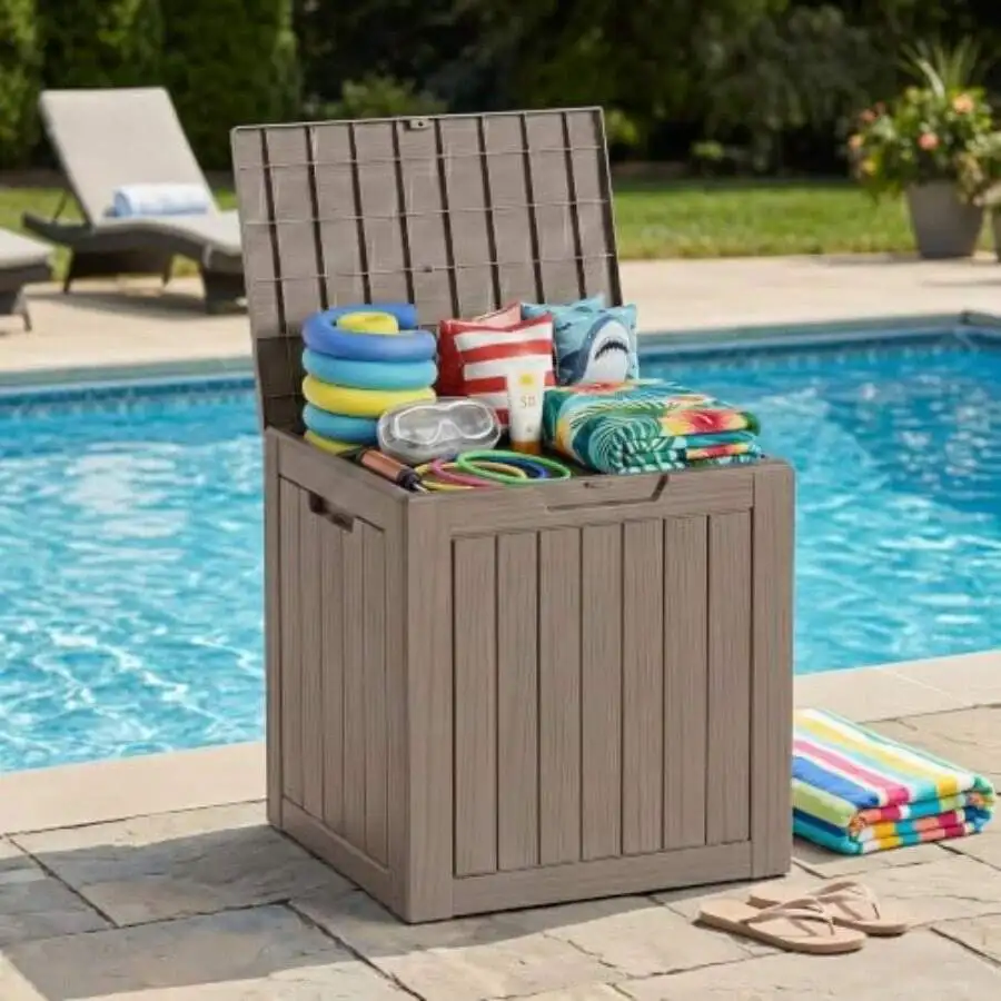 35 Gallon Deck Box Outdoor Waterproof, Resin Storage Box Outdoor Lockable, Multipurpose Outside Container For Patio Cushions, Ga