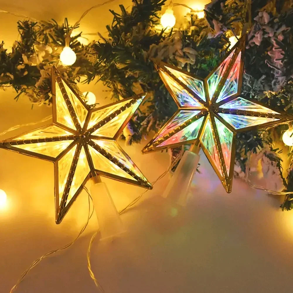 1Pc Christmas Tree Top Star Light Xmas Tree Decoration LED Glowing Five-pointed Star Lamp Ornament Home Xmas Party Supplies