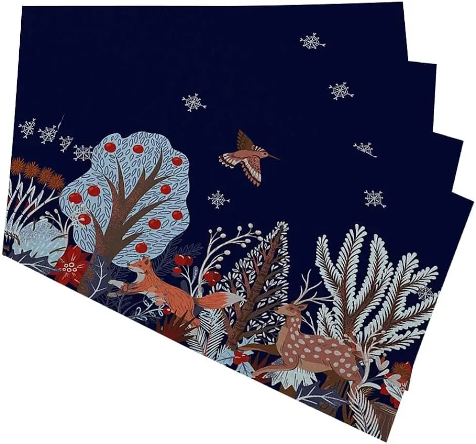 

Deer Placemats for Kitchen Dining Table Set of 4 Trees and Bird Snowflakes Christmas Decor Table Mats Linen Washable 12x18 In