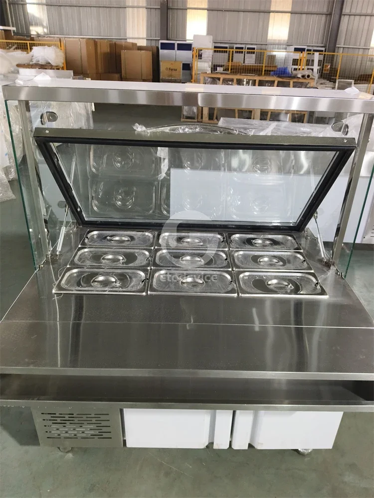 Salad preparation stand SS bar counter, table top salad bar with glass cover