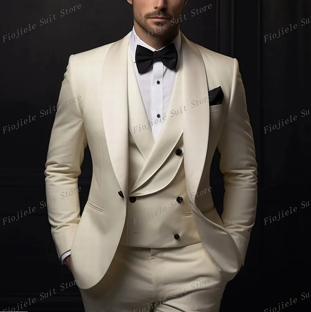 

New Ivory Male Formal Occasion Tuxedos Men Business Suit Groom Groomsman Wedding Party Prom 3 Piece Set Jacket Vest Pants