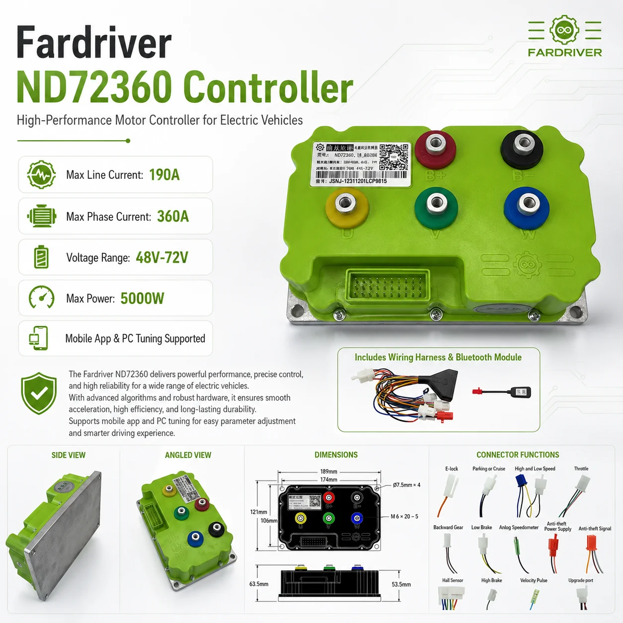 ND72360 Intelligent Programmable Sine Wave Controller Electric Motorcycles Enable Motor Controllers Product