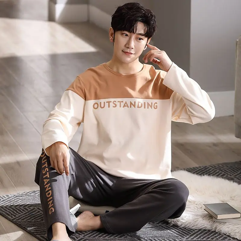 Long Sleeve Pullover Pants Sleepwear Men Big Size Pajama Sets Sportswear Loungewear Loose Homewear Korean Two Piece Suit Pajamas