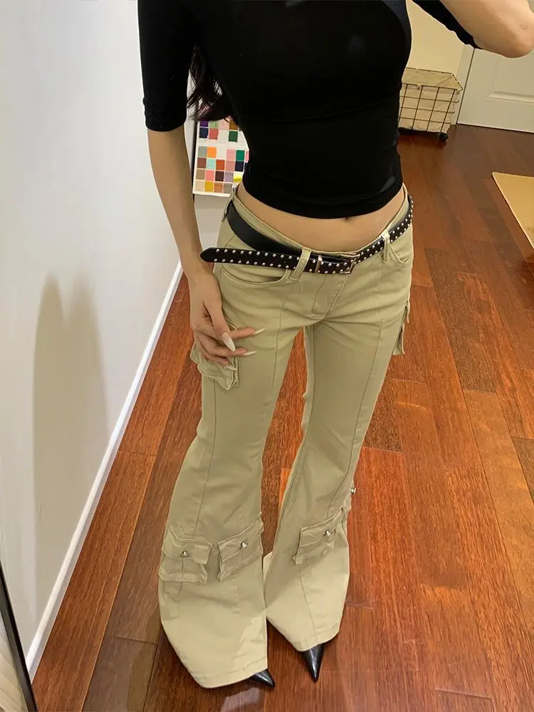 Retro Large Size Multi-pocket Low-waist Work Pants for Women Y2k Millennium Hot Girl Slim Micro-flared Floor Mopping Pants