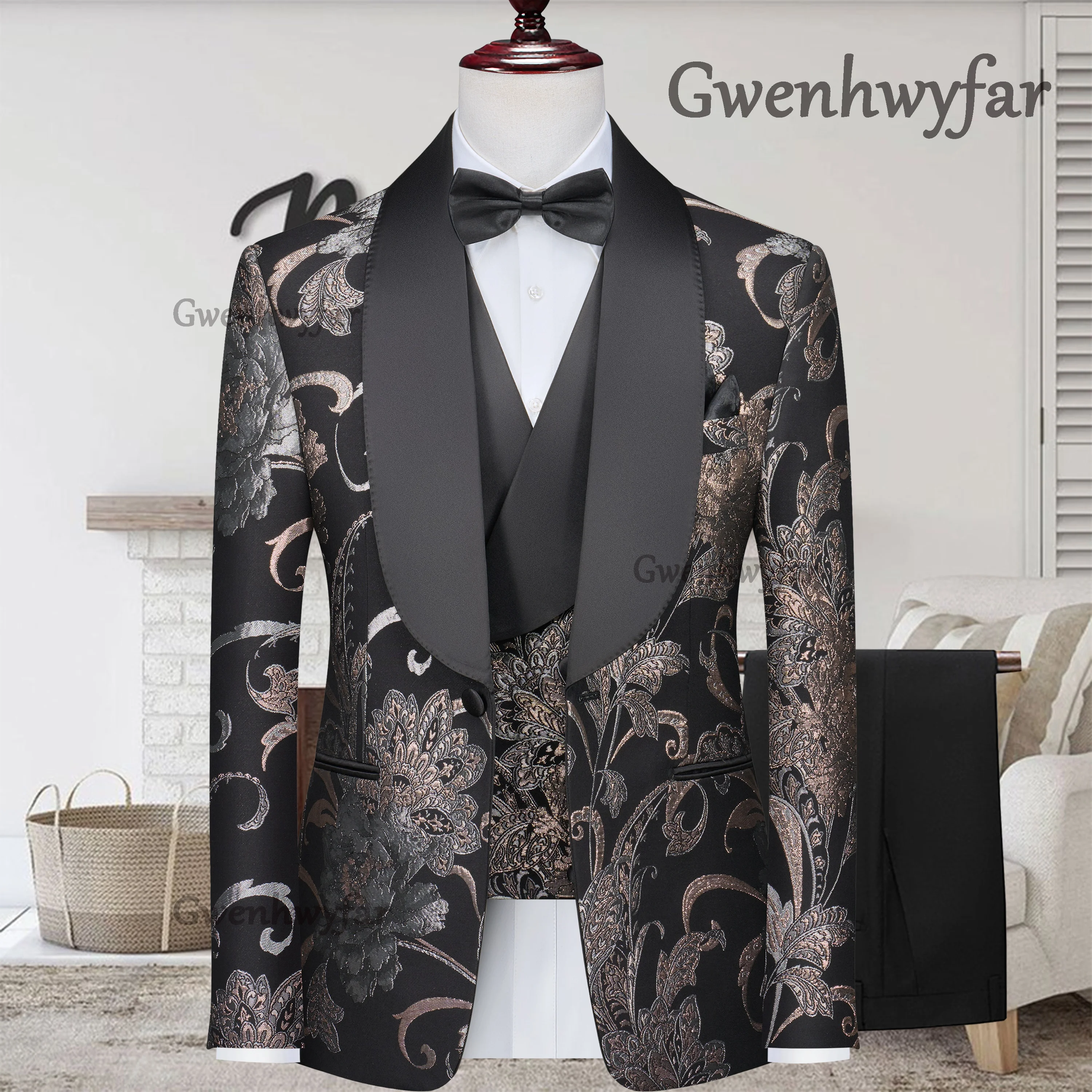 

Gwenhwyfar Fashion Black Suit for Mens Summer Jacket Suit 3 Pieces Set Wedding Groom Tuxedo Formal Blazer Customized Size
