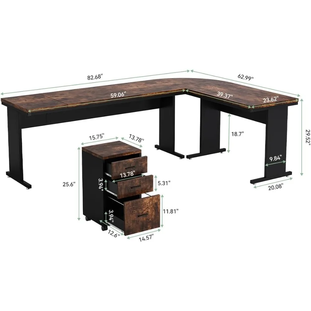 83 in L-Shaped Office Desk with Drawers, Large Executive Office Desk with Storage, Wooden Computer Desk with File Cabinet