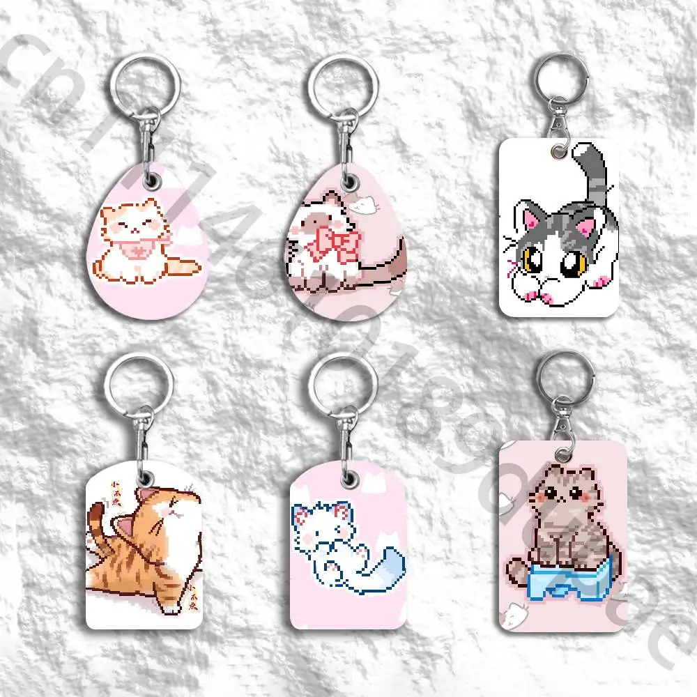 Cute Pixel kitten Protective Printed Leather Card Case Metal Keychain Accessory