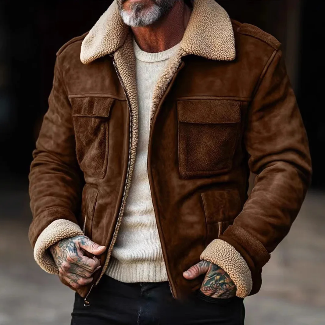 Autumn Winter Men Coat New Vintage Contrast Color Long Sleeve Male Plush Jacket Turn Down Collar Pocket Outdoor Man Outerwear
