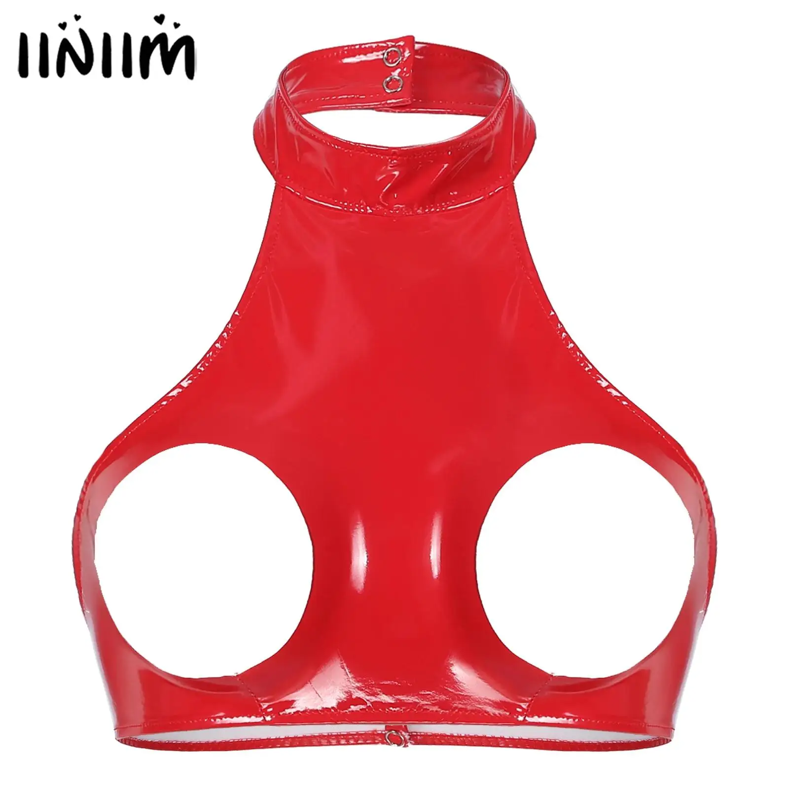 Mens Lingerie Sissy Faux Leather Latex Muscle Crop Tank Top Halter Neck Backless Sleeveless Halter Neck Vest Singlet Bra Top