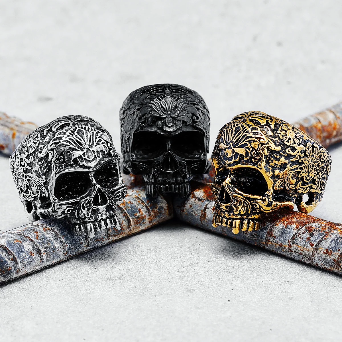 316L Stainless Steel Men Ring Skull Carved Rock HipHop Rap Luxury Golden Plated for Biker Rider Male Boyfriend Jewelry Best Gift