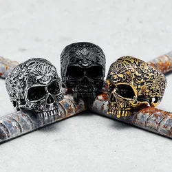 316L Stainless Steel Men Ring Skull Carved Rock HipHop Rap Luxury Golden Plated for Biker Rider Male Boyfriend Jewelry Best Gift