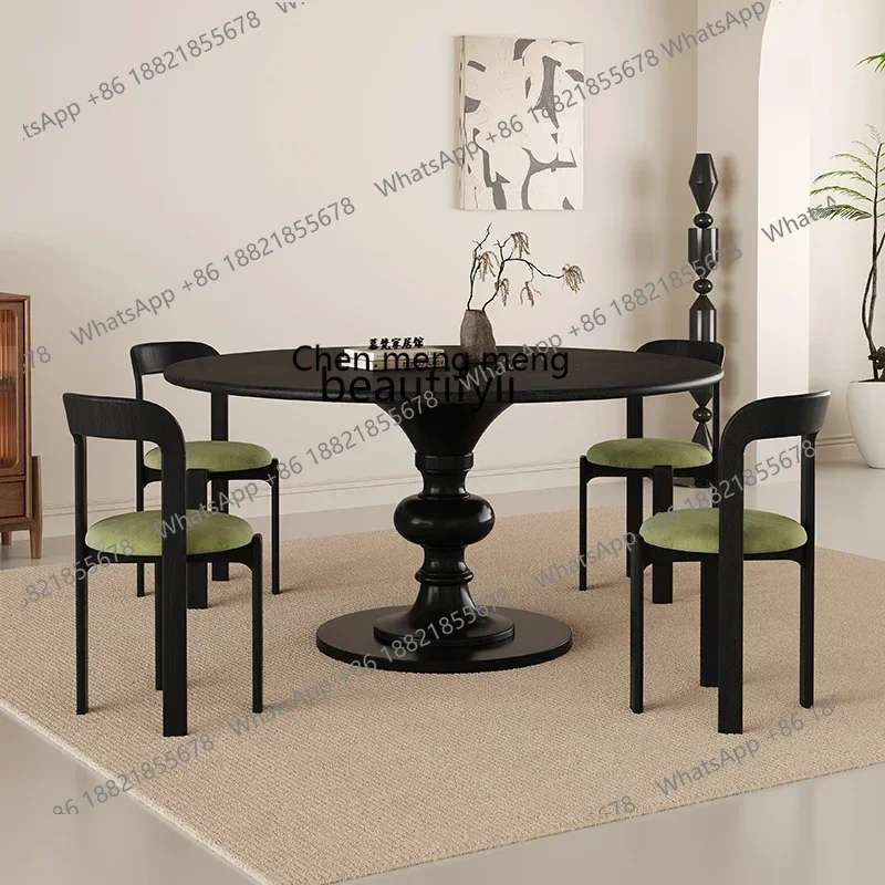 

CC American solid wood round dining table retro black round eating table small apartment simple designer dining table