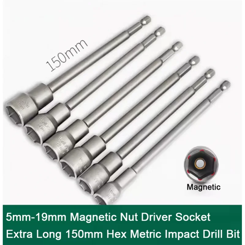 

5mm-19mm Magnetic Nut Driver Socket Chrome Vanadium Steel Extra Long 150mm 1/4" Hex Shank Metric Impact Drill Bit