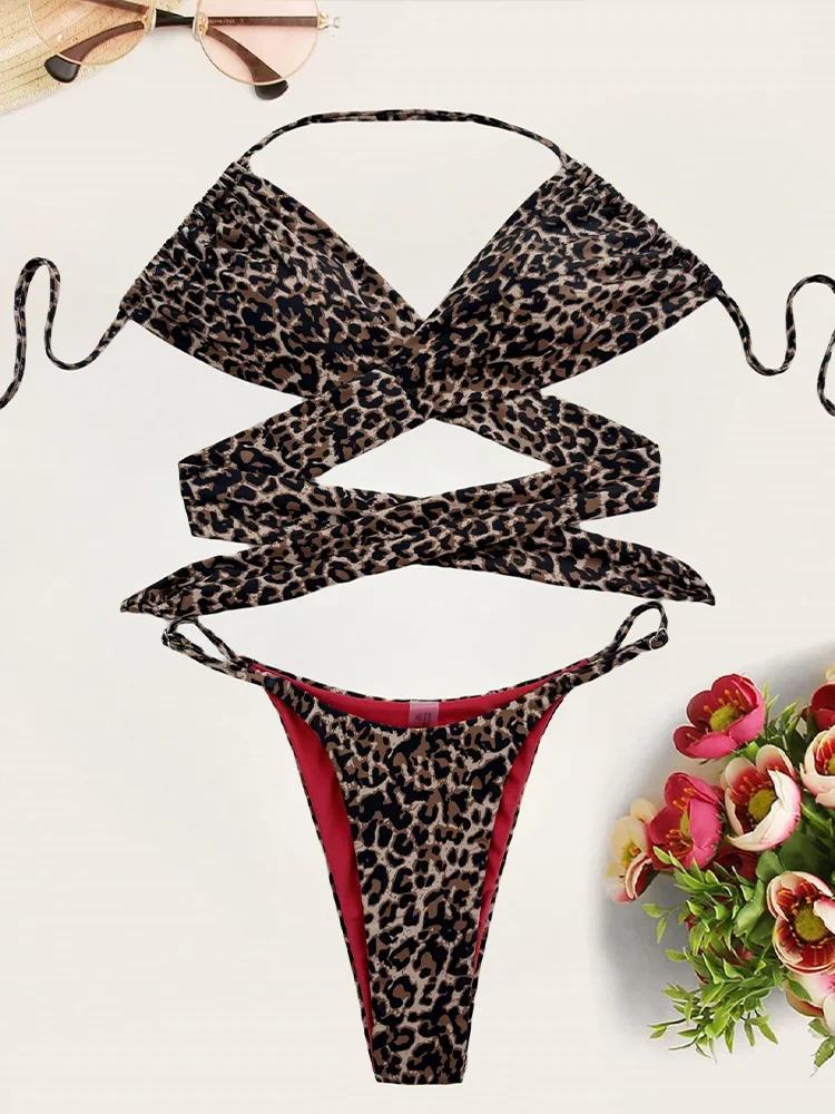 Sexy leopardo amarrado até bikini 2 peça conjunto feminino split maiô cintura alta estilo praia biquíni 2025 novo verão banho biquinis conjunto