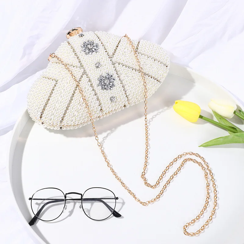 new Style Double-sided Handmade Bead Embroidery Fan-shaped Pearl Rice Beads With Rhinestones Handbag Ladies Formal Dinner Bag