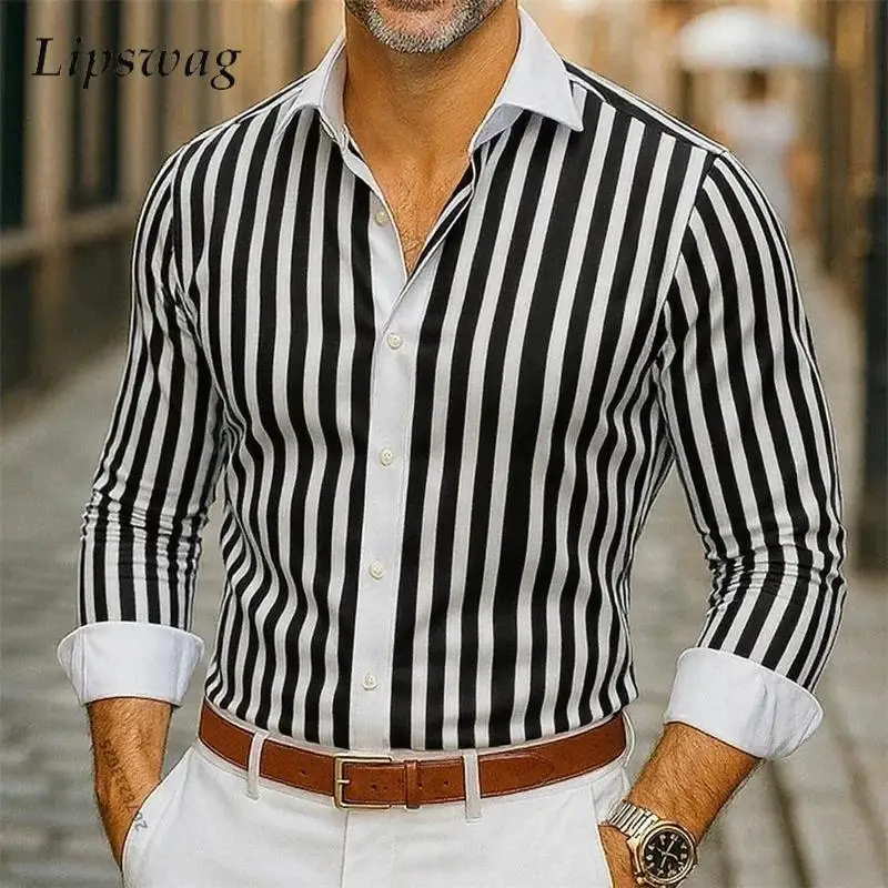 

2026 Spring Autumn New Casual Mens Shirts Vintage Striped Printed Long Sleeve Shirt Tops Fashionable Men Button-up Lapel Shirts