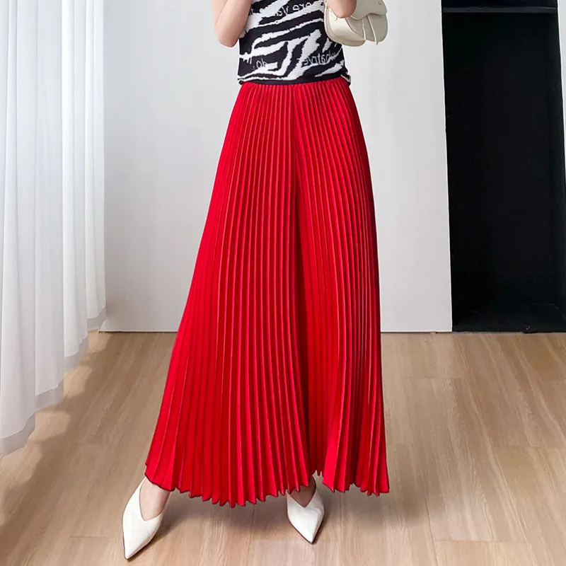New Fashion Summer Wide Leg Pleated Pants Women Miyake Solid Color Elastic High Waist Casual Loose Straight Trousers Comfortable
