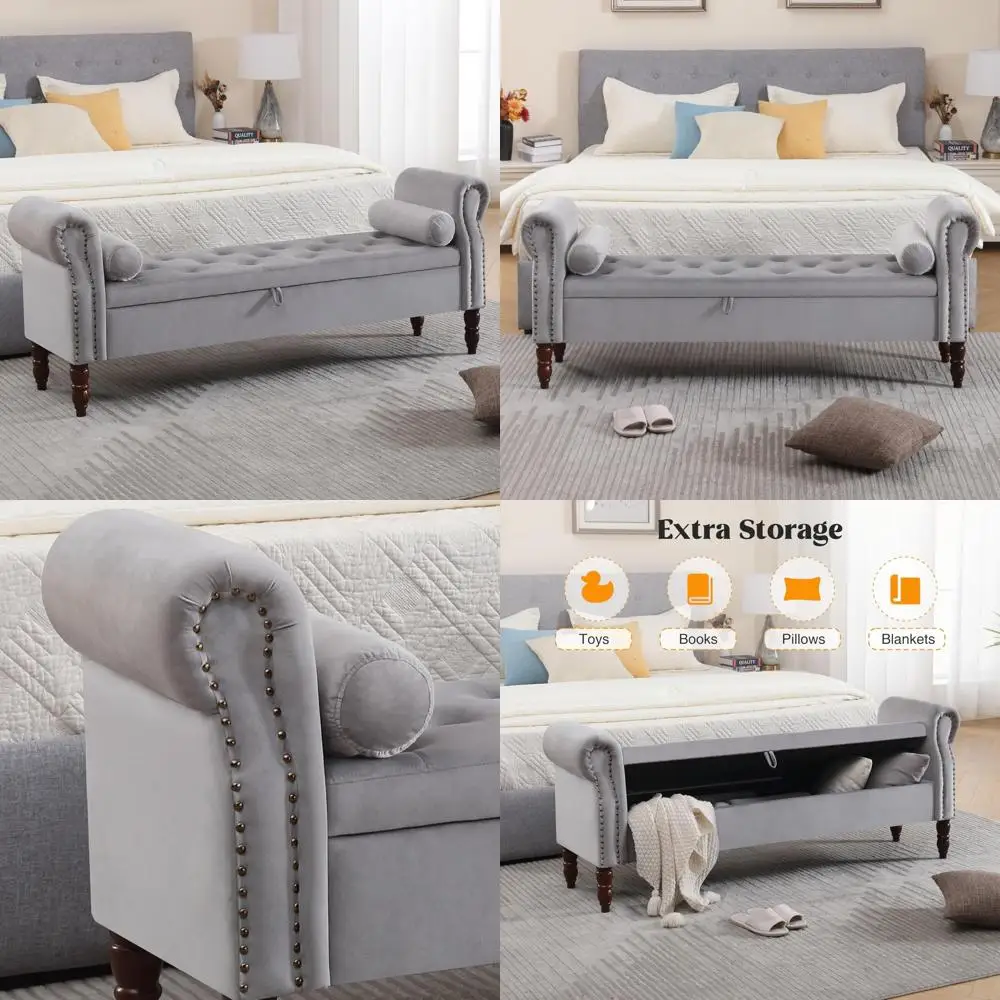مقعد تخزين منجد مخملي بحجم كينج مع تصميم معنقدة لأقدام غرفة النوم #1