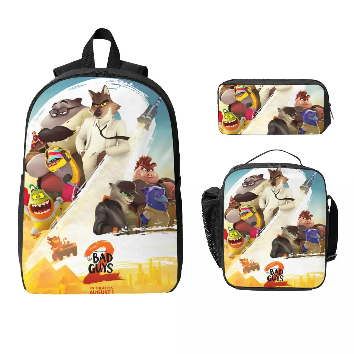 

3Pcs The Bad Guys 2025 Movie Backpack Set for Boy Girl Pen Bags Bookbag Sets with Lunch Box For School Students Knapsack