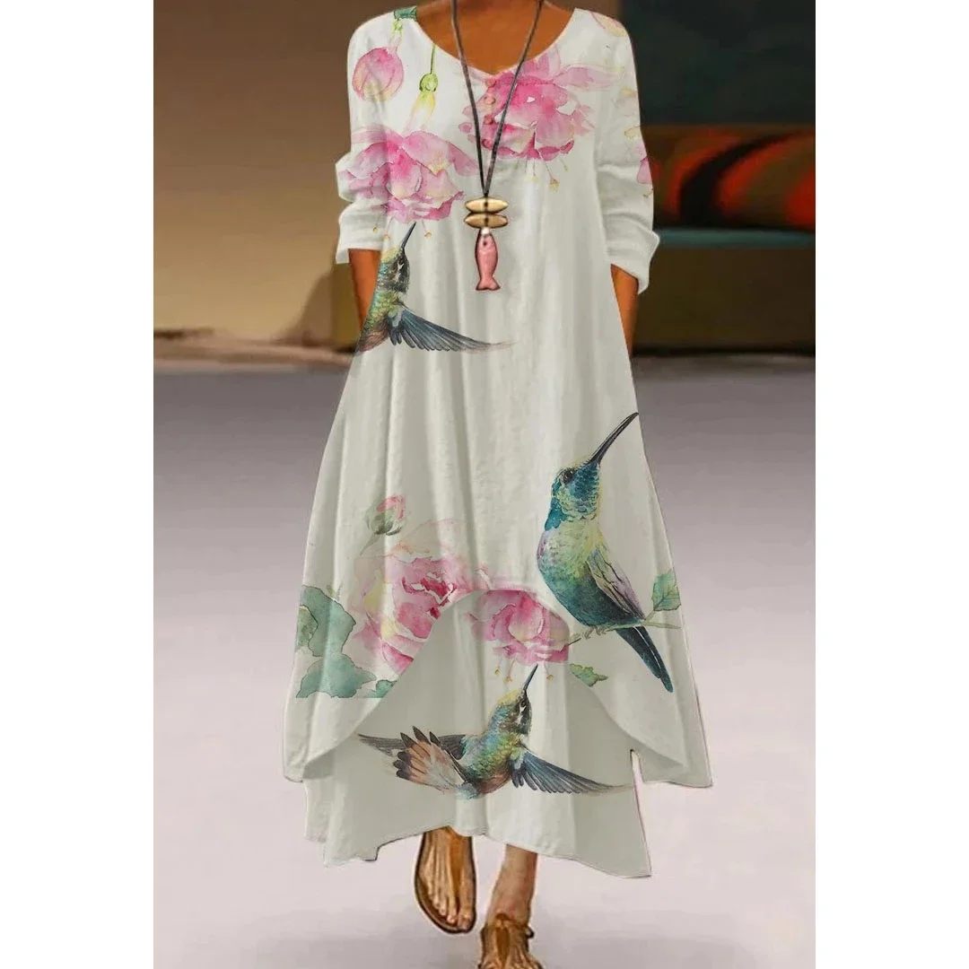 2022 Fashion Summer Maxi Dress Women\'s Printed Sundress Casual Short Sleeve Vestidos Female High Waist Robe Femme