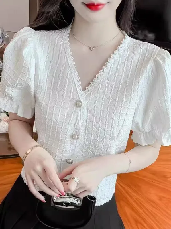 Csa Corta con Efecto Adeazante, Cuello en V, Manga Abullonada, Ribete de Encaje, Estilo Coreano, Hoada, con Estampado ...