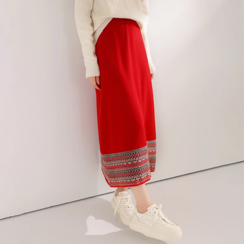 

Women Skirt 2025 Autumn and Winter New 100% Pure Wool Ethnic Style Elastic High Waisted A-line Skirt