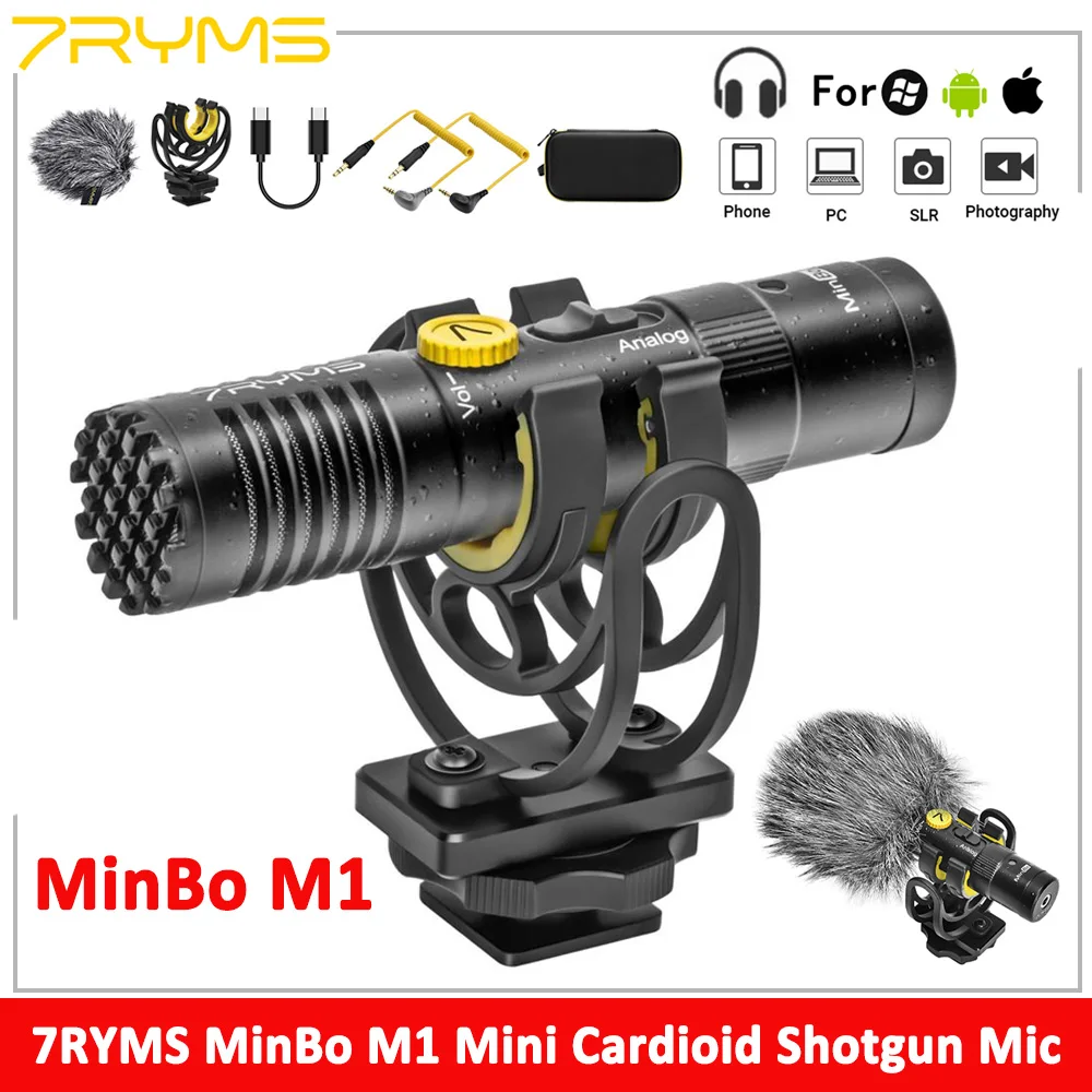 

7RYMS Minbo M1 Mini Shotgun Microphone with Instant Monitoring, Dual Output Mode for Cameras Smartphone Laptops PS4