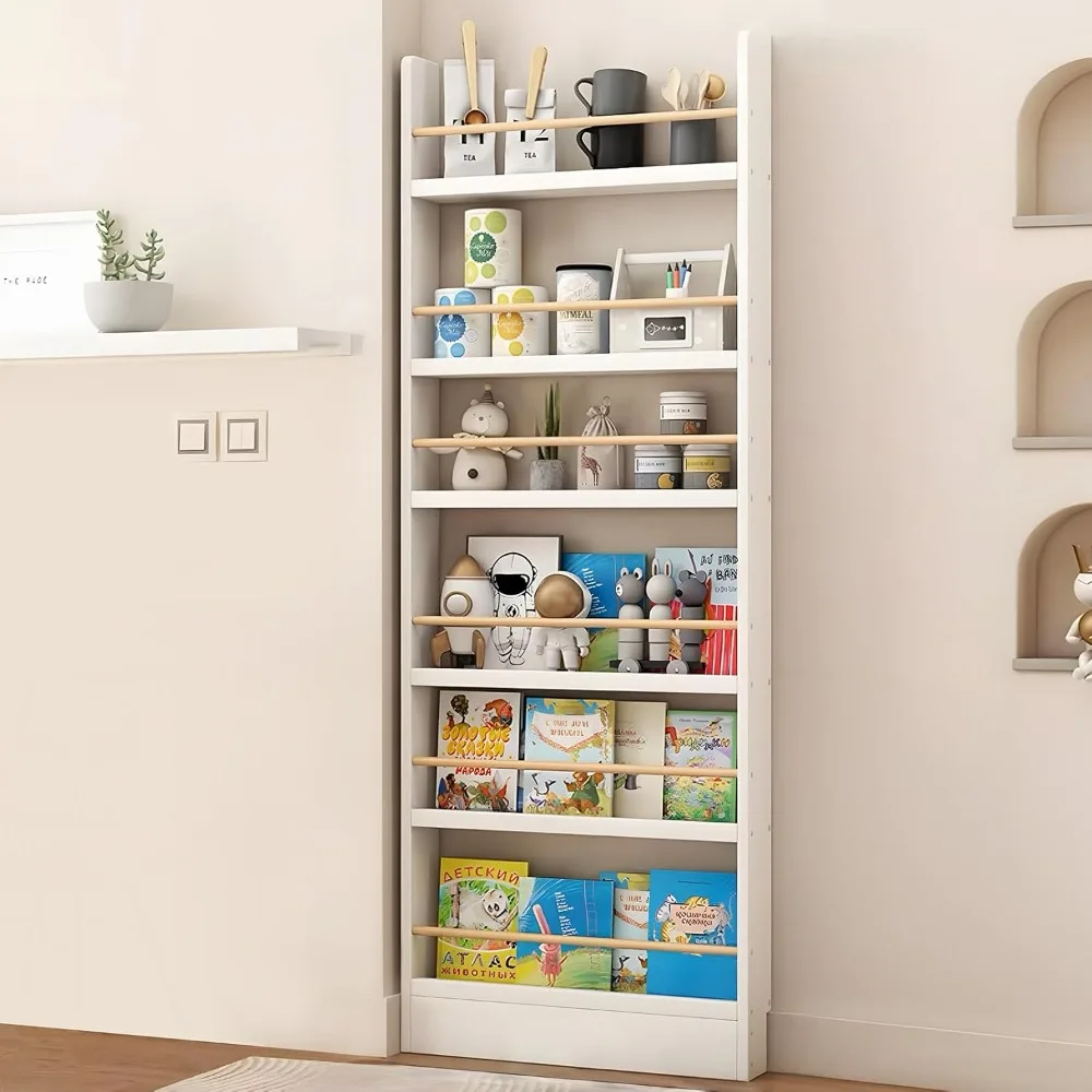 Behind The Door Bookshelf, Behind Door Bookshelf, 6-Tier Book Shelf, Narrow Thin Bookshelf for Kids, Space Saving, Anti-tip, Wal