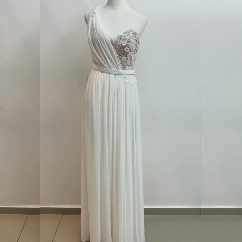 

Customized Modern Style Chiffon Pleat Sequined A-line One-shoulder Long Dresses Prom High Quality Chinese Classic Exquisite