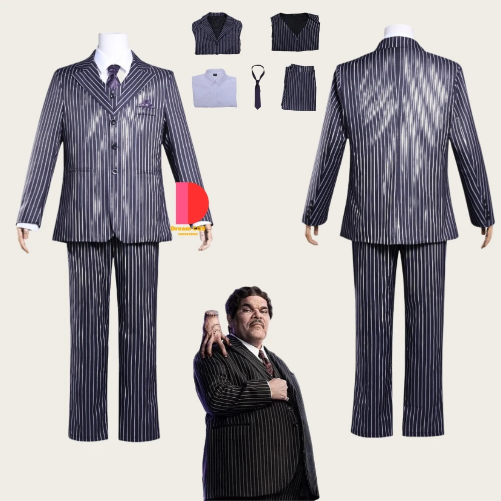 

New Movie Wednesday Gomez Cosplay Costume Anime Role Playing Black and White Striped Suit for Men Adult Comic Con Party Outfit