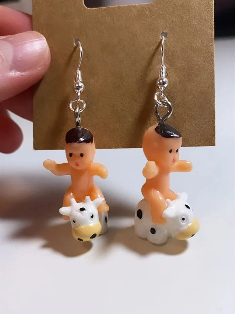 Baby Riding Cow Earrings Weird Quirky Weird but funky earrings accessory cute earrings women 2022 trending